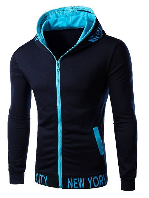 

Color Block Hooded Zipper Design Hoodie, Cadetblue