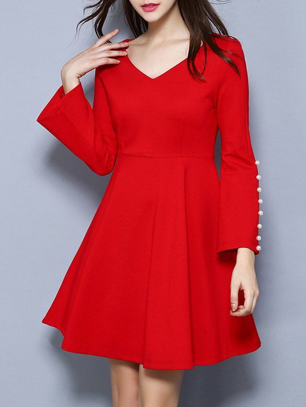 

Bell Sleeve Beaded Fit and Flare Dress, Red