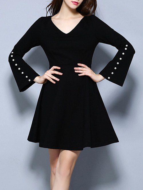 

Bell Sleeve Beaded Fit and Flare Dress, Black