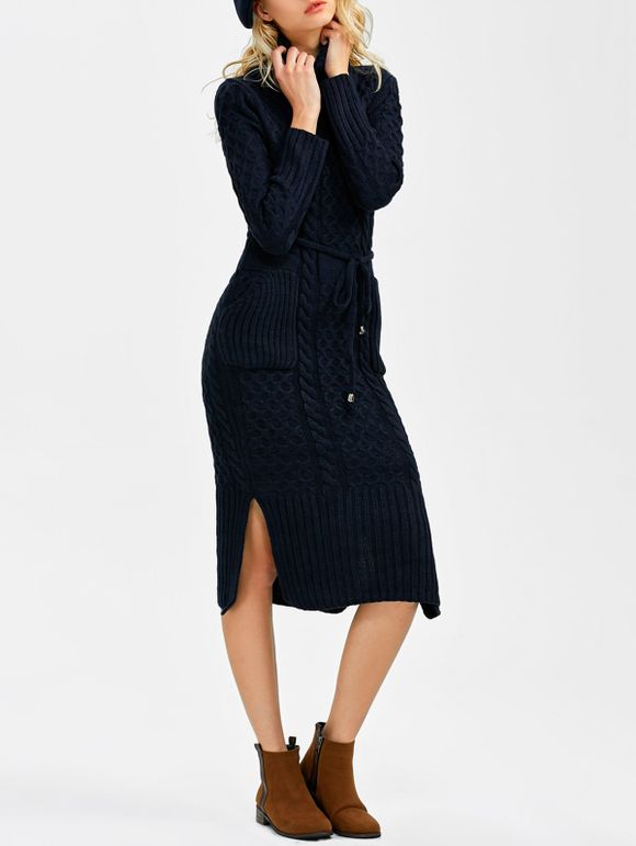 Turtleneck Cable Knit Sweater Dress With Pockets - DEEP BLUE ONE SIZE