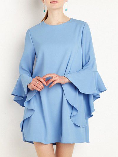 Mini-robe évasée en mousseline de soie avec manches à volants - Bleu clair L
