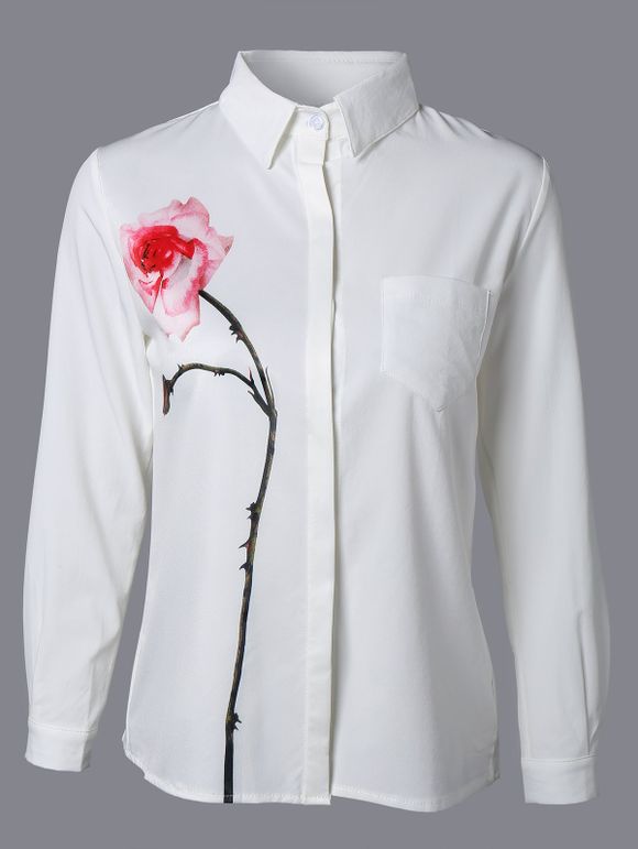 Chemise à avant en braguette avec motif de rose - Blanc 2XL