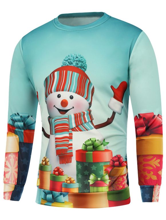 Sweat-shirt de Noël d'impressions de bonhommes de neige et de cadeaux - Bleu 3XL