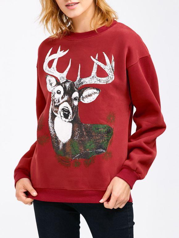 Sweat-shirt imprimé de rennes de Noël à épaules chutées - Rouge S