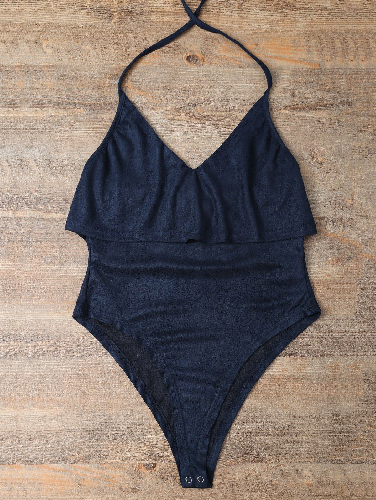 

Halter Flounce Ruffles Skinny Backless Bodysuit, Deep blue