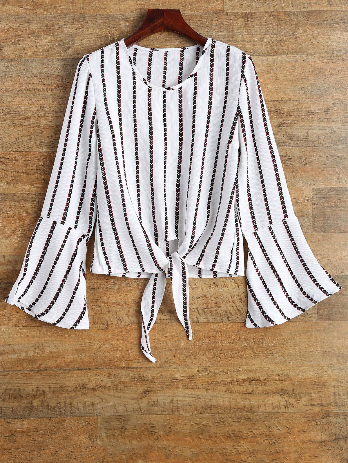 

Bell Sleeve Tied Striped Top, White