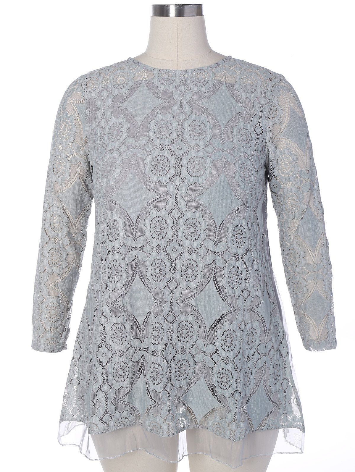 

Long Sleeve Patchwork Lace Plus Size Dress, Gray