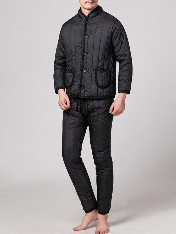 

Stand Collar Button Up Pocket Quilted Jacket with Pants, Black