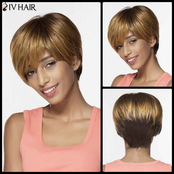 Perruque de coiffure lutin droite courte douce de couleur mélangée de cheveux humains avec frange oblique de Siv - multicolore 