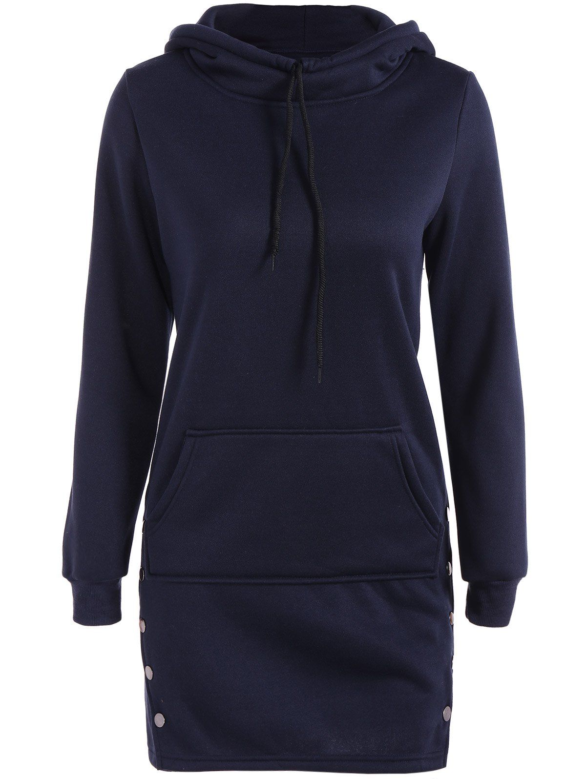 

Kangaroo Pocket Button Long Hoodie, Purplish blue