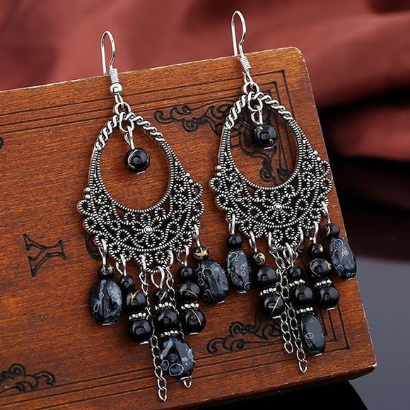 Boucles d'oreilles motif lune avec pendentif de perles forme larme - Noir 