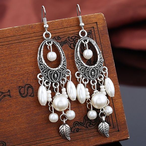 Boucles d'oreilles vintage avec pendentif de perles ovales et feuille - Blanc 
