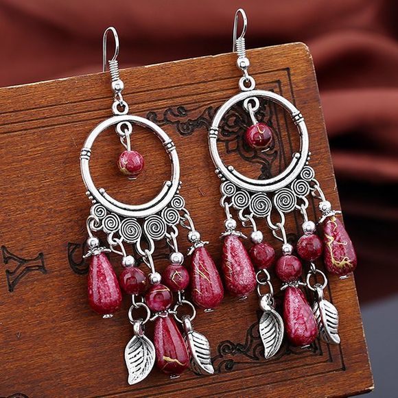 Boucles d'oreilles vintage avec pendentif de perles et feuille - Rouge 