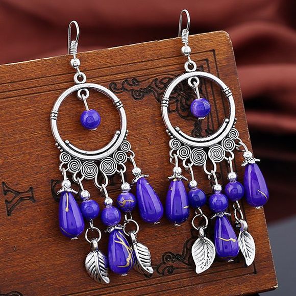 Boucles d'oreilles vintage avec pendentif de perles et feuille - Bleu 