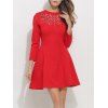 Openwork Long Sleeve Fit and Flare Skater Dress - RED M