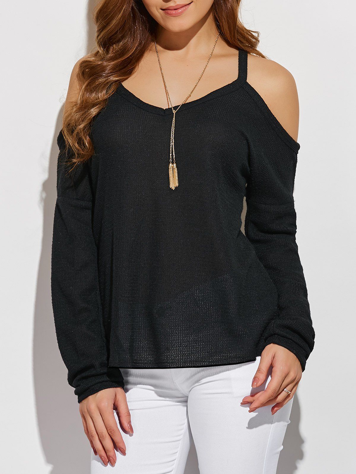

V Neck Cold Shoulder Asymmetric Pullover Sweater, Black