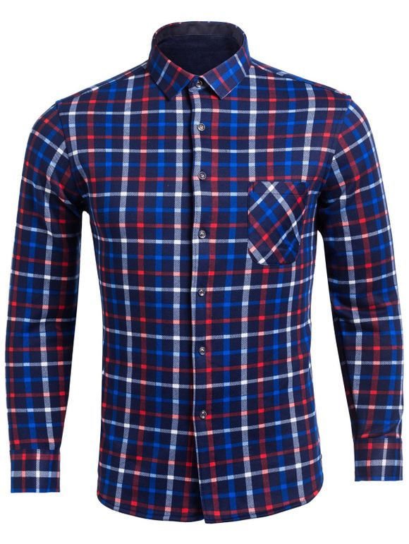 Chemise contrastante en flocage à motifs carreaux avec poches et col à revers - Bleu L