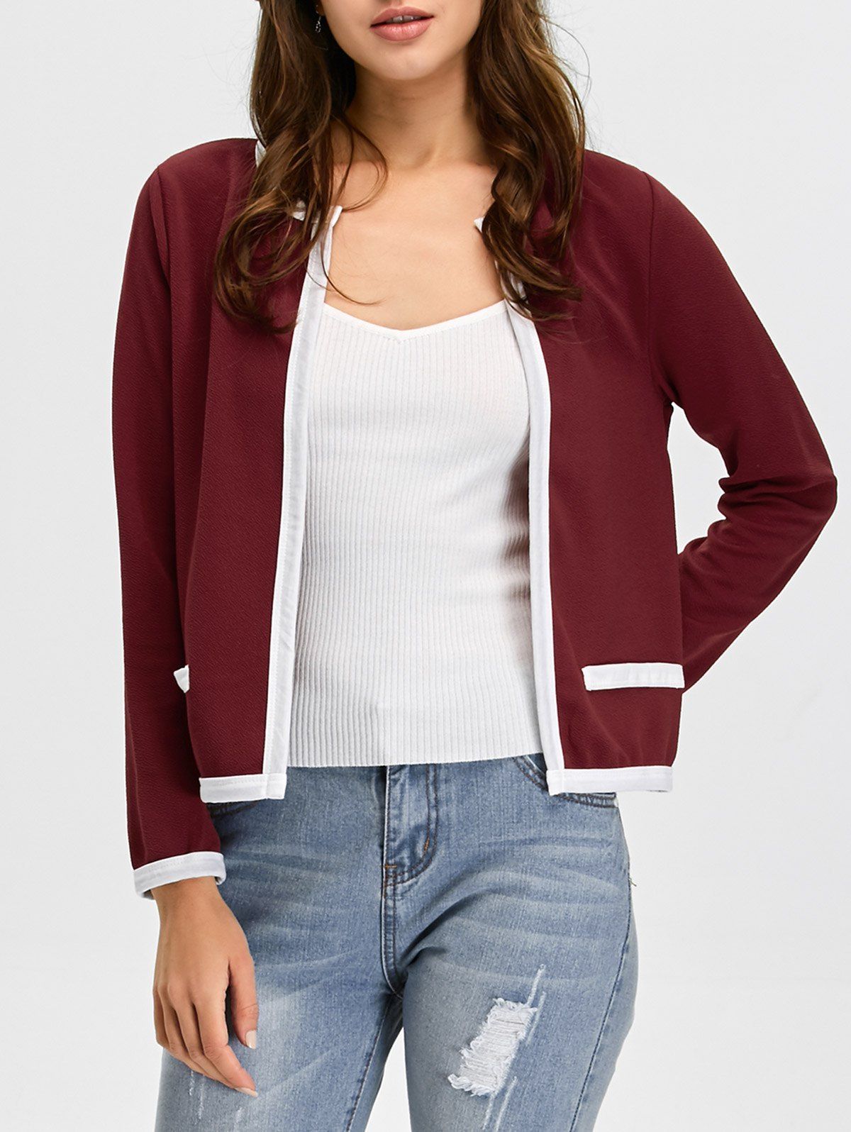 

Contrast Trim Open Front Jacket, Wine red