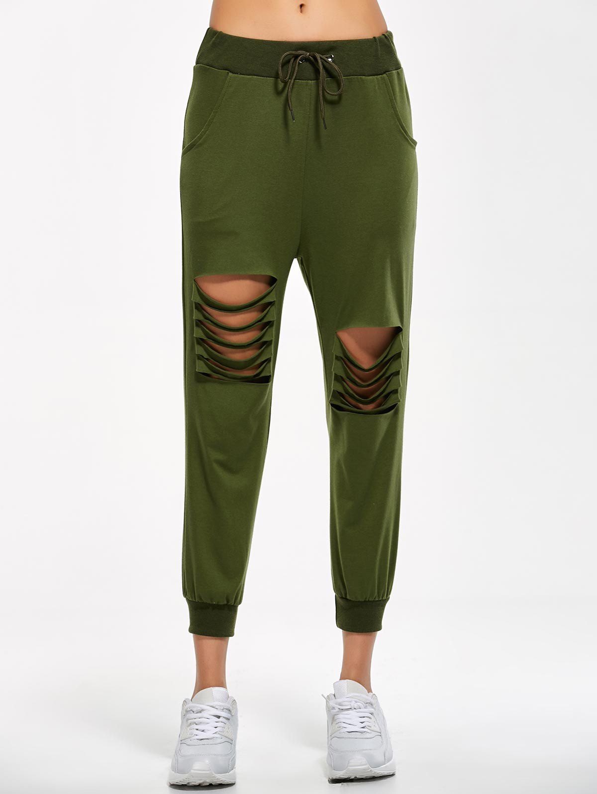 

Destroyed Drawstring Capri Sports Pants, Army green