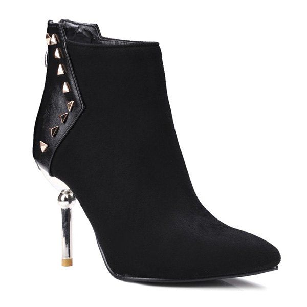 

Suede Panel Triangle Rivet Pointed Toe Ankle Boots, Black