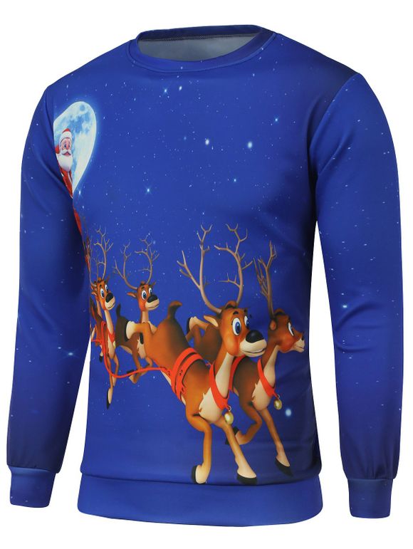 Sweat-shirt de Noël imprimé renne à col ras du cou - Bleu 3XL