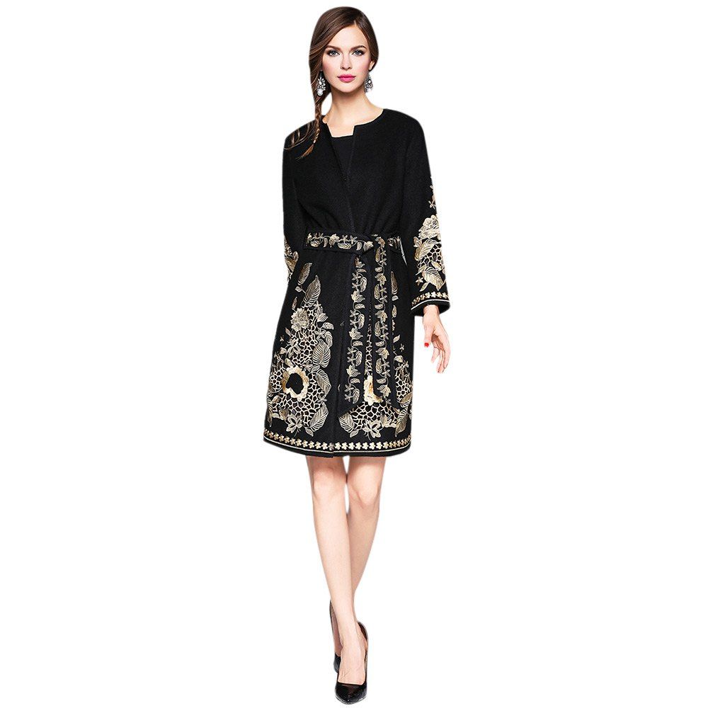 

Wool Blend Embroidered Wrap Coat, Black