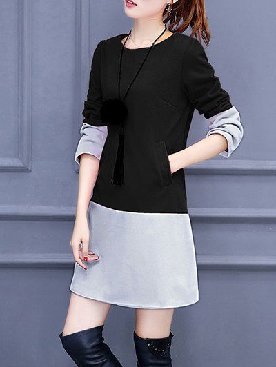 Long Sleeve Color Block Mini Robe droite - Noir S