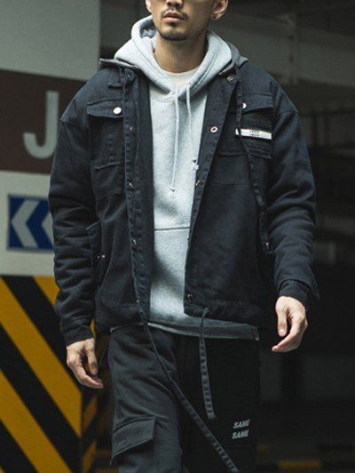 

Drop Shoulder Color Block Detachable Hooded Applique Jacket, Black