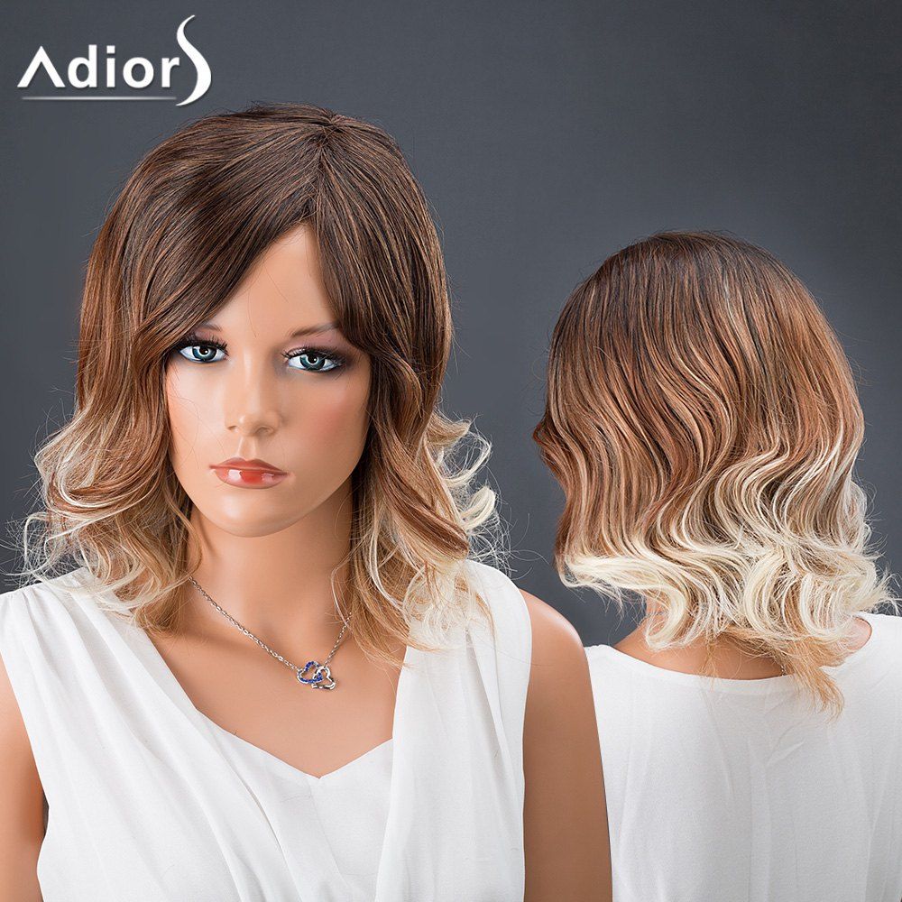 

Adiors Hair Medium Side Parting Multi Color Wavy Synthetic Wig, White and brown