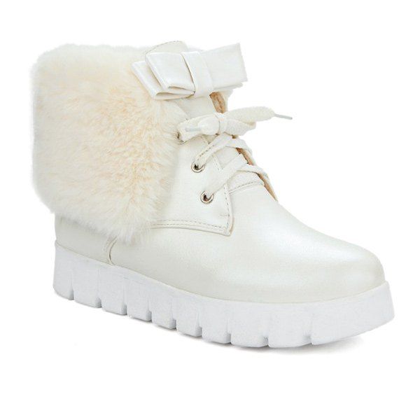 

Hidden Wedge Faux Fur Bow Short Boots, Off-white