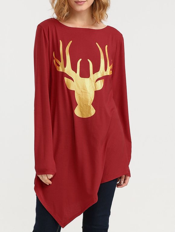 Tee-shirt asymmetrical motif renne de Noël - Rouge vineux XL