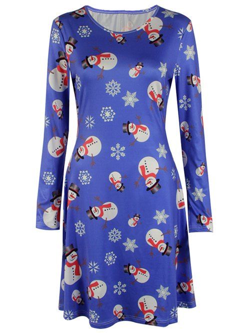 Robe Patineuse Imprimé Bonhomme de Neige de Noël - Bleu 2XL
