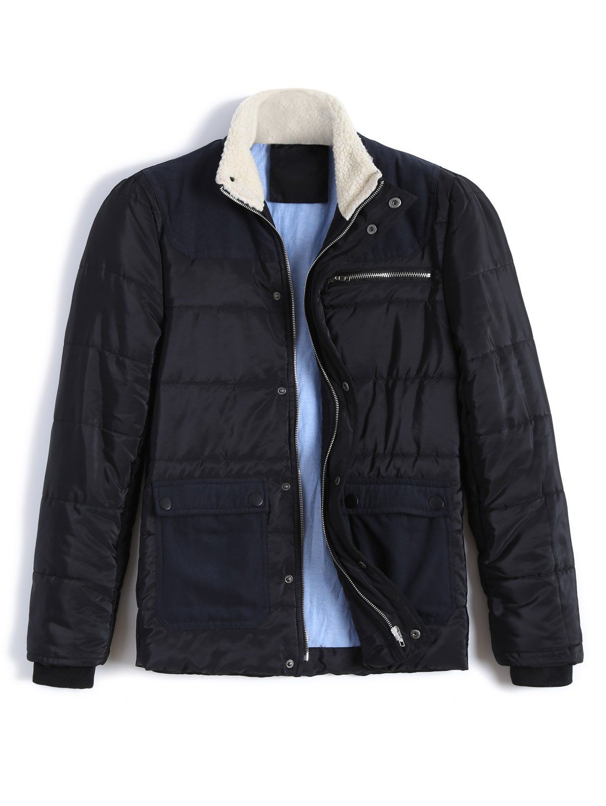 

Zippered Shearling Collar Pocket Padded Jacket, Black
