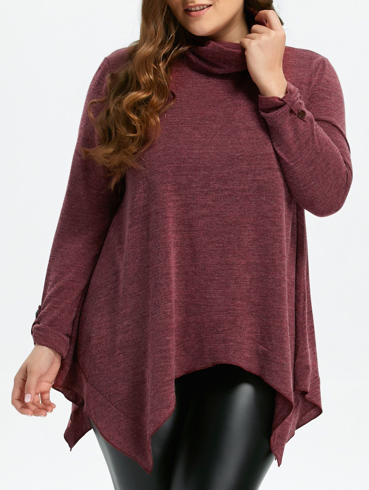 [17% OFF] 2021 Loose Turtleneck Asymmetric Plus Size Sweater In WINE ...