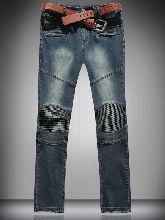 Jeans droit zips poche avec panneau côtelé - Bleu S