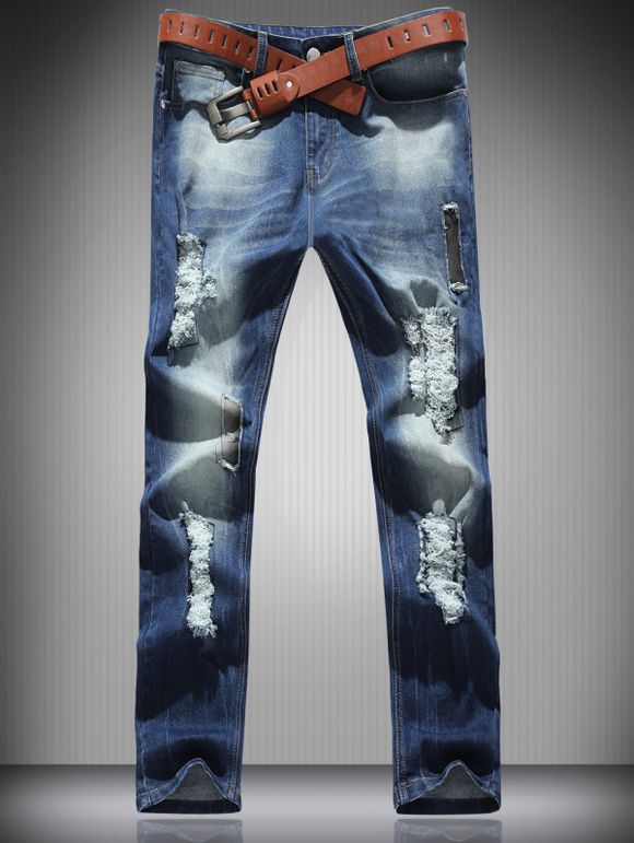 Zipper Fly Pocket taille normale Ripped Jeans - Bleu M