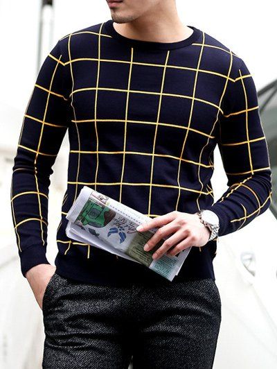 

Crew Neck Slim Fit Grid Sweater, Purplish blue