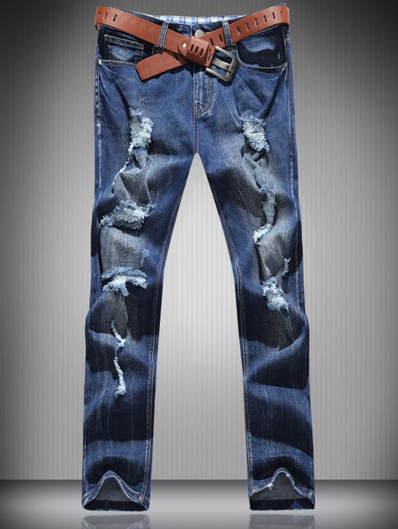 Zipper Fly Straight Leg Pocket Distressed Jeans - Bleu M