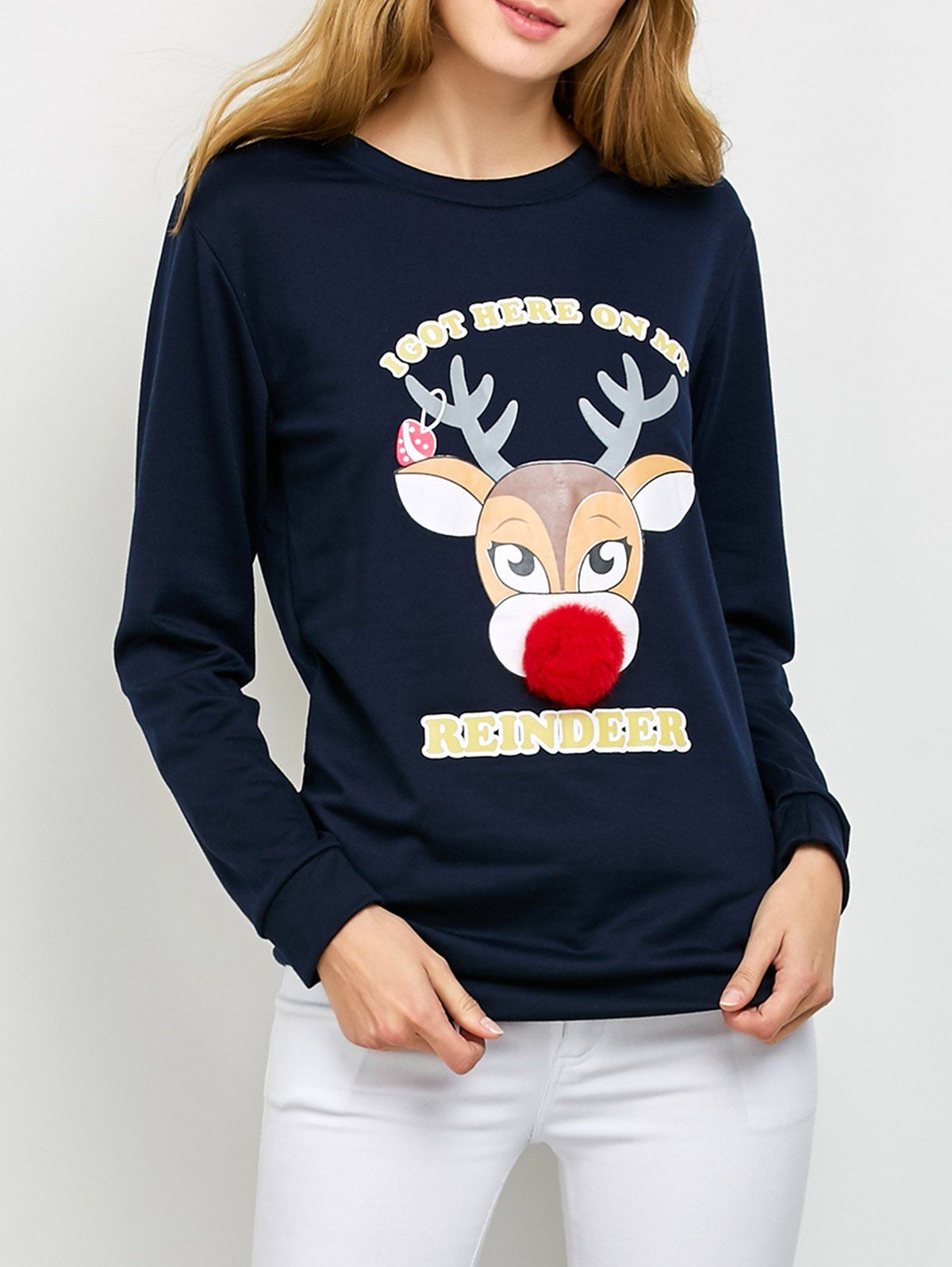 

Pom Ball Christmas Reindeer Drop Shoulder Sweatshirt, Purplish blue