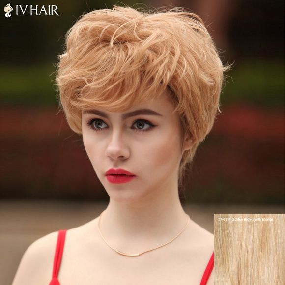 Siv Perruque de Cheveux Humain Courte Légèrement Bouclée Superposée Frange Inclinée - Brun d'Or avec Blonde 