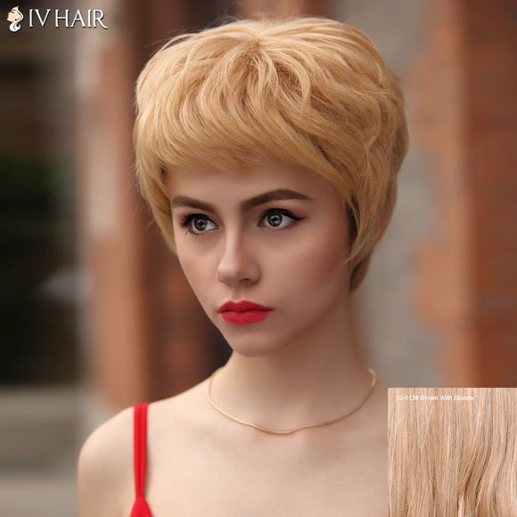 Siv Perruque de Cheveux Humain Courte Droite Superposée Bouffante Frange Oblique - Brun Avec Blonde 
