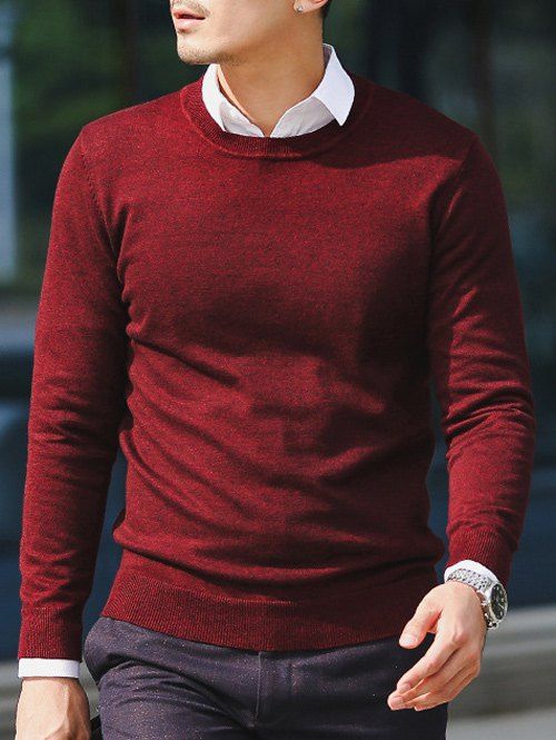 

Crew Neck Slim Fit Pullover Knitwear, Wine red