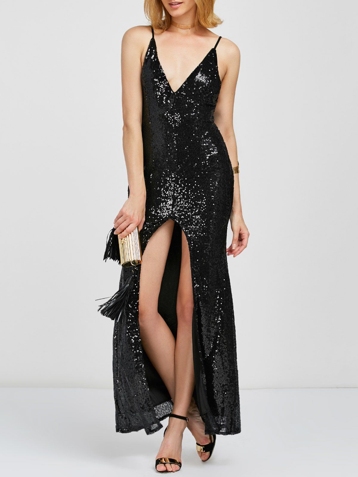 Sequin Slit Cami Long Glitter Evening Dress - BLACK L