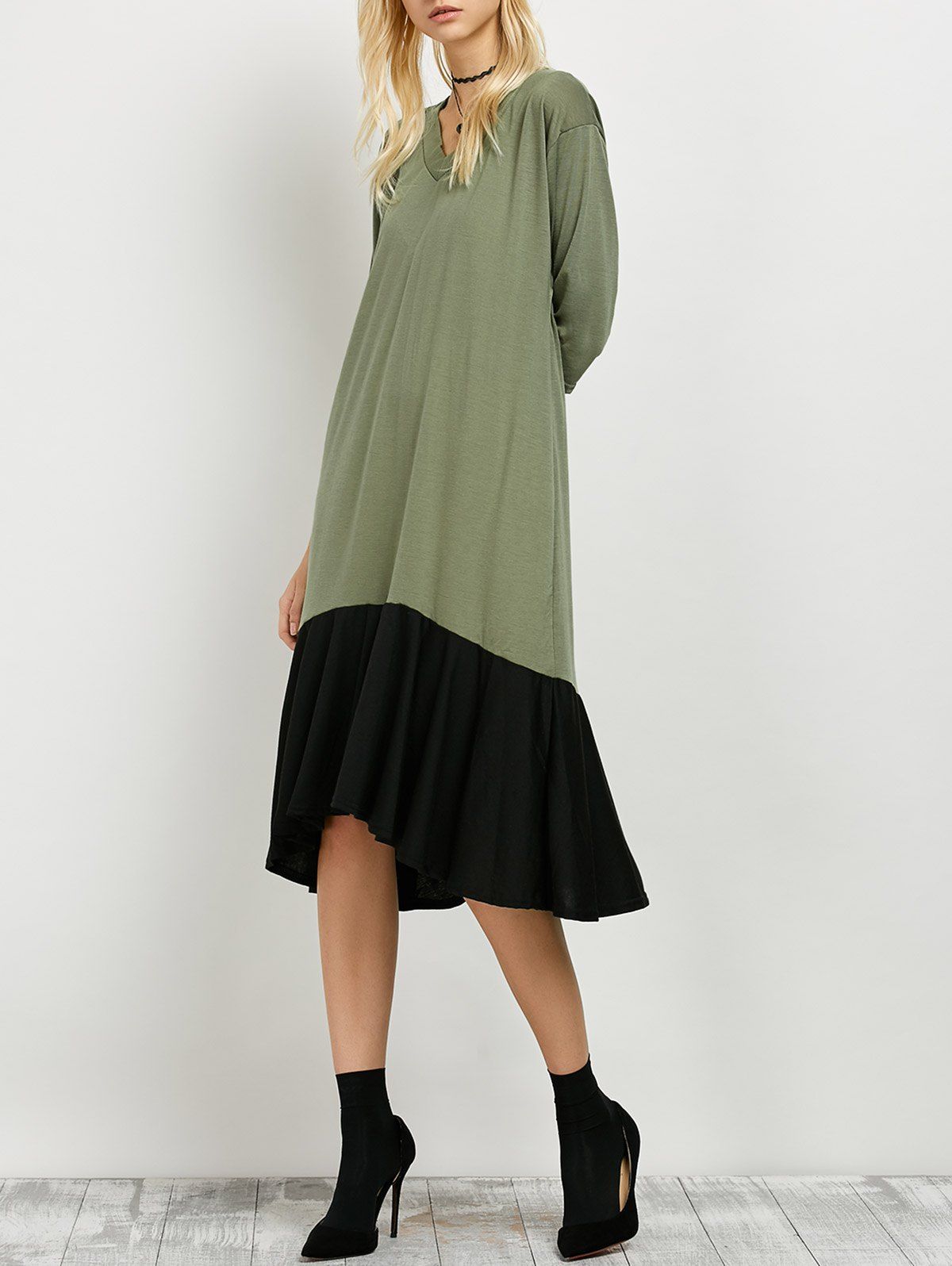 

Two Tone Relaxed V Neck Midi Dress, Army green