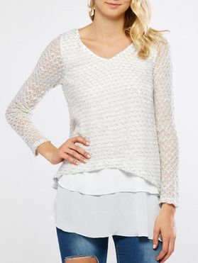 V Neck Layered Long Sleeve Pullover Sweater