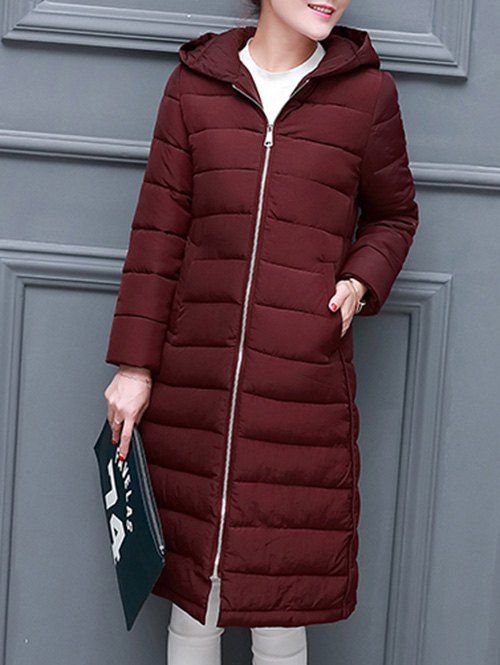 Manteau à capuche long Puffer - Rouge vineux XL