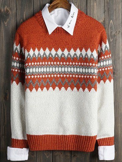 

Color Block Geometric Crew Neck Long Sleeve Sweater, Orange