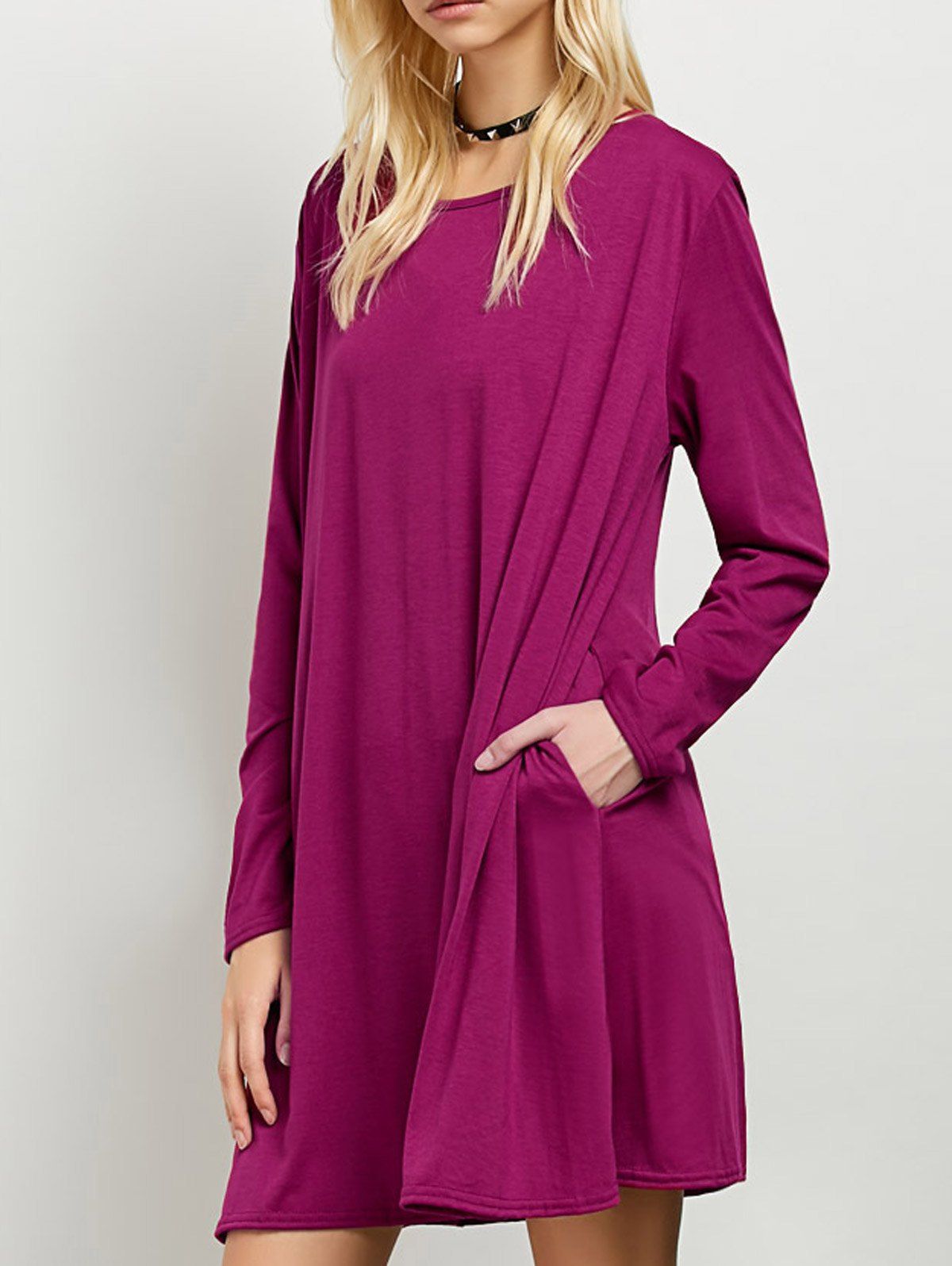 

Long Sleeves Boyfriend Loose Fitting T-Shirt Dress, Wine red