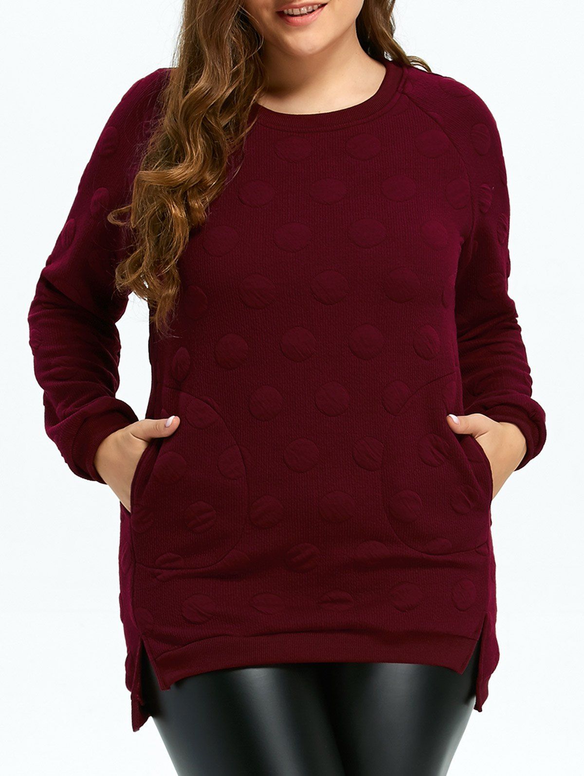 

Plus Size Quilted Long Sleeve High Low Top, Wine red