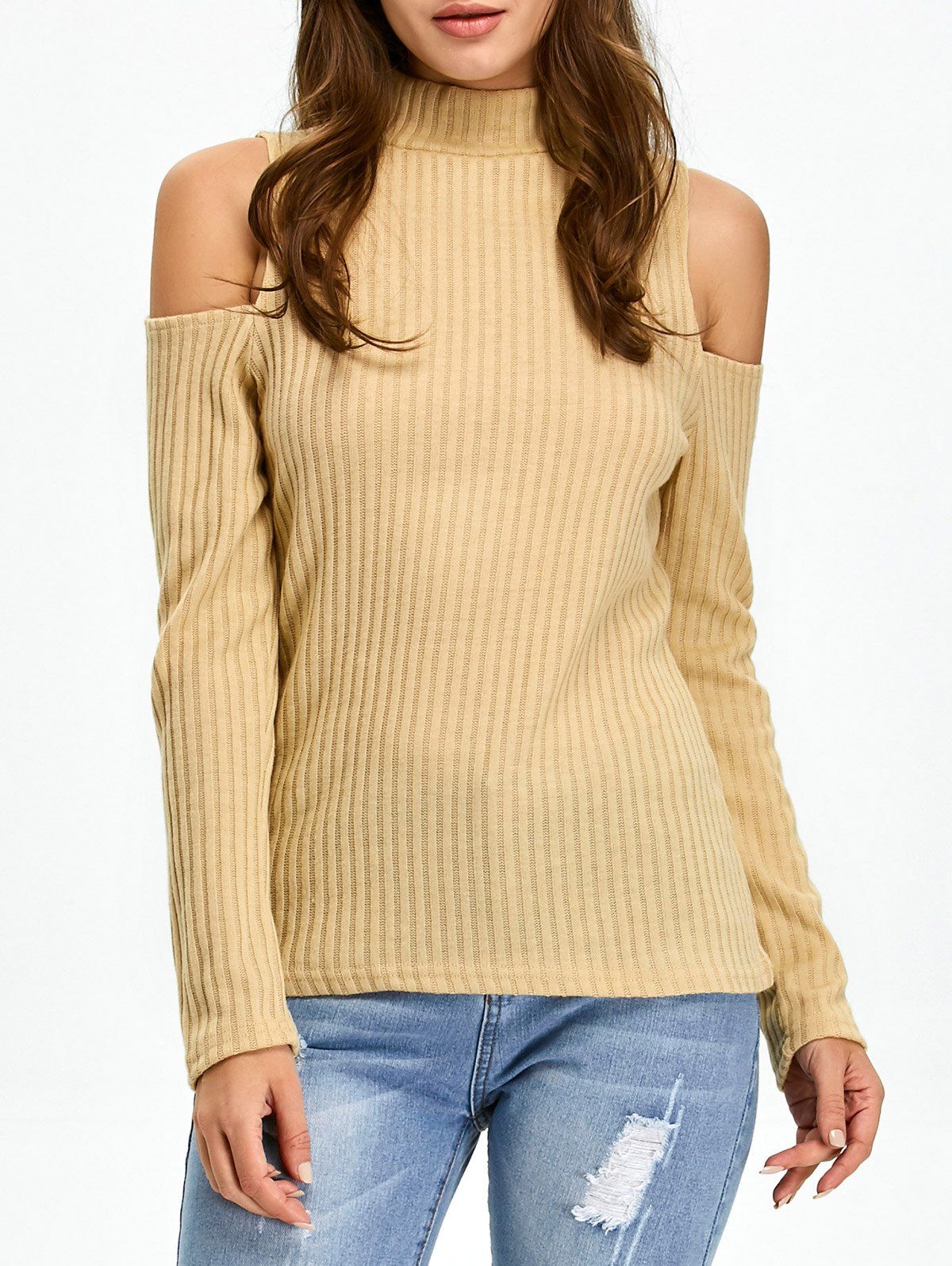 

Mock Neck Open Shoulder Knitted Top, Khaki